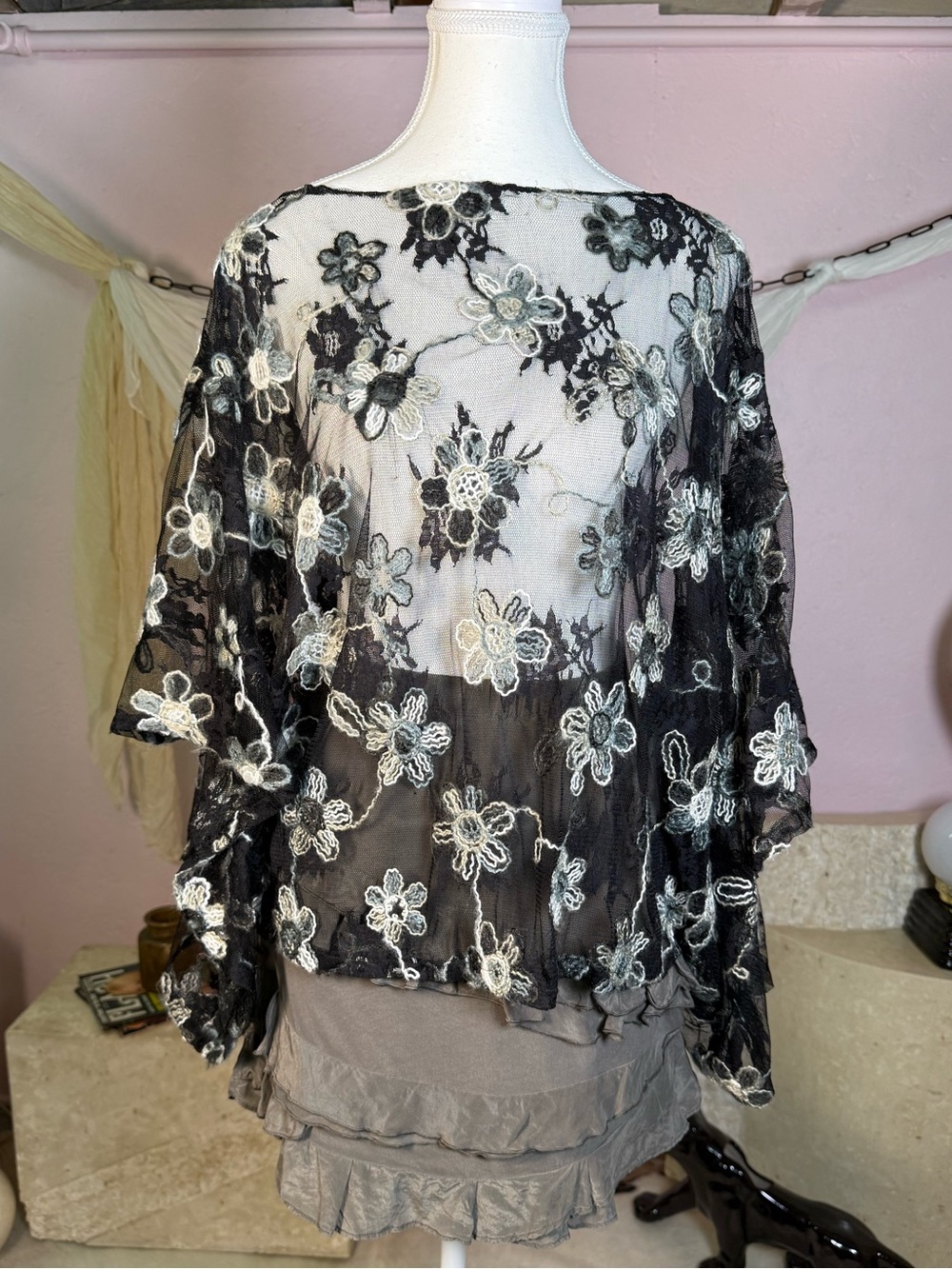 Sheer Black Floral Embroidered Bell Sleeve Blouse Size L